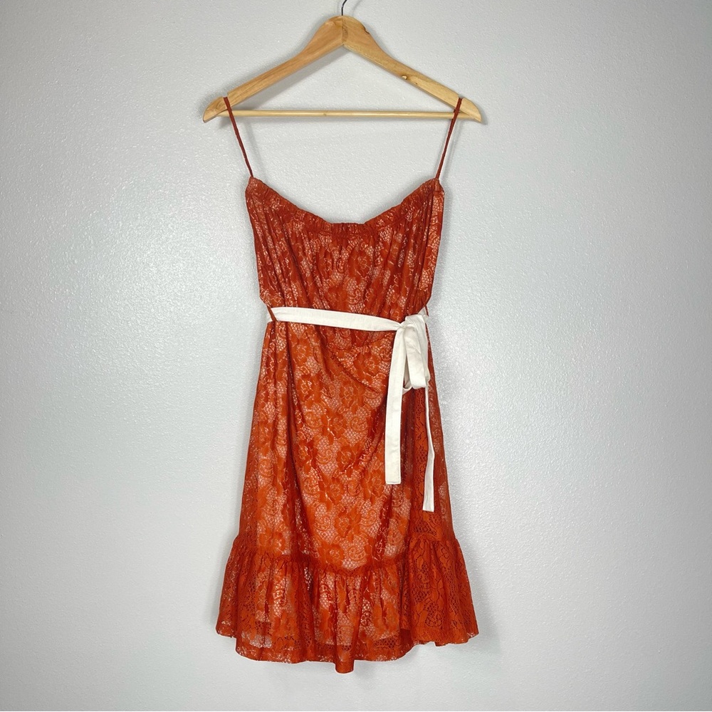 Fashion Spy Strapless Dress Burnt Orange Lace over a Cream underlining Size M